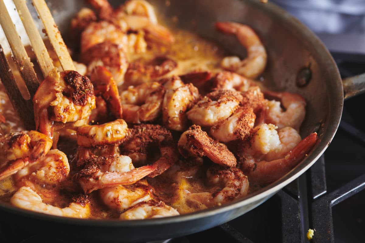 Creole Shrimp in a skillet.