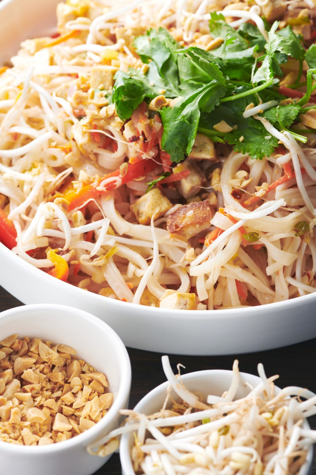 Vegetarian Pad Thai topped with bean sprouts, peanuts, and fresh cilantro.