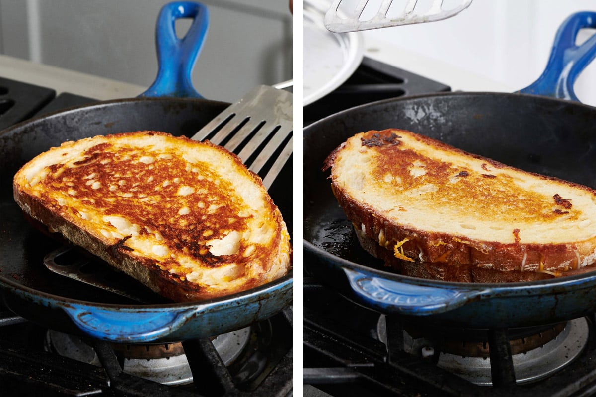 Grilled cheese sandwich cooking in cast-iron pan.