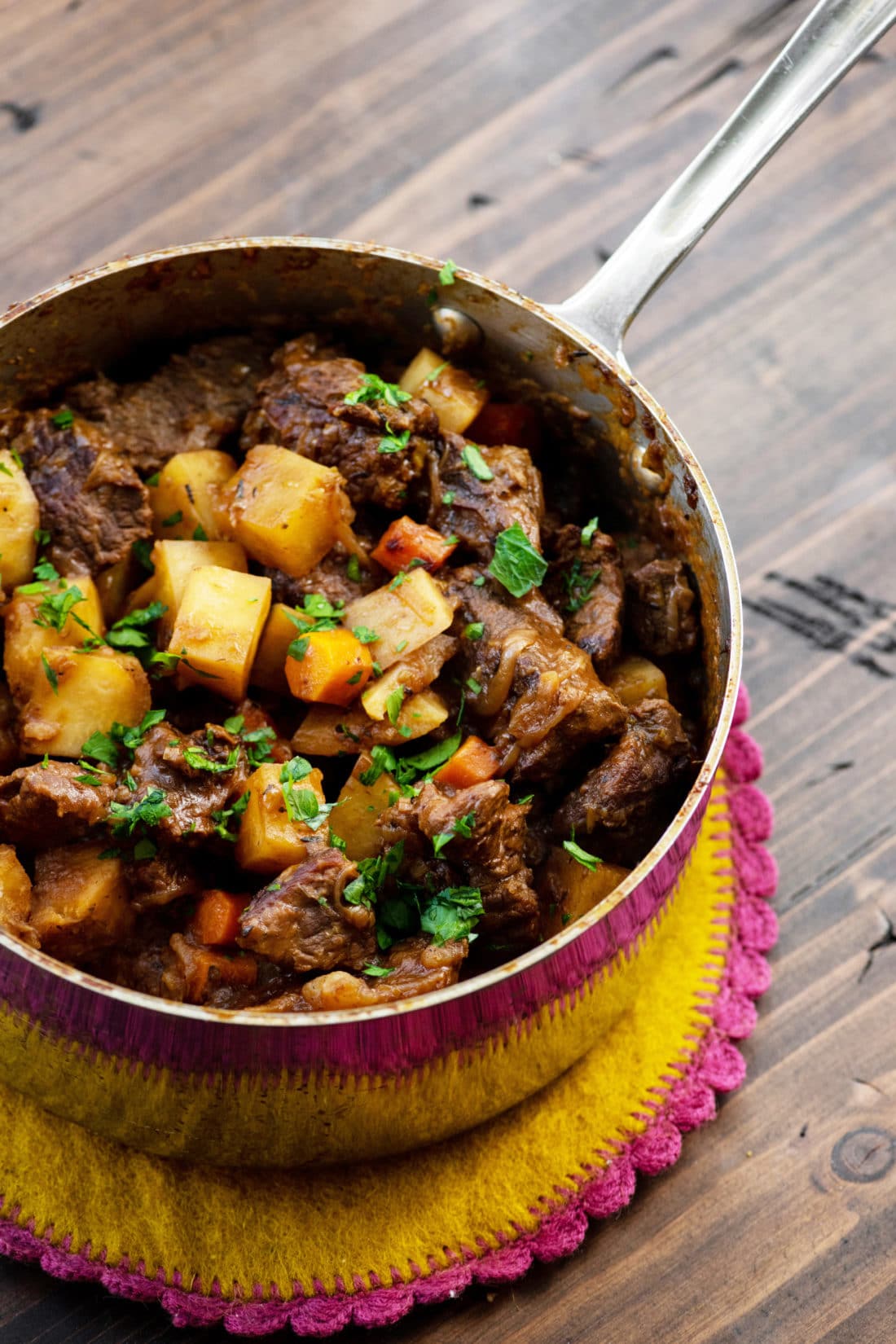Apple Cider Beef Stew in a small pot