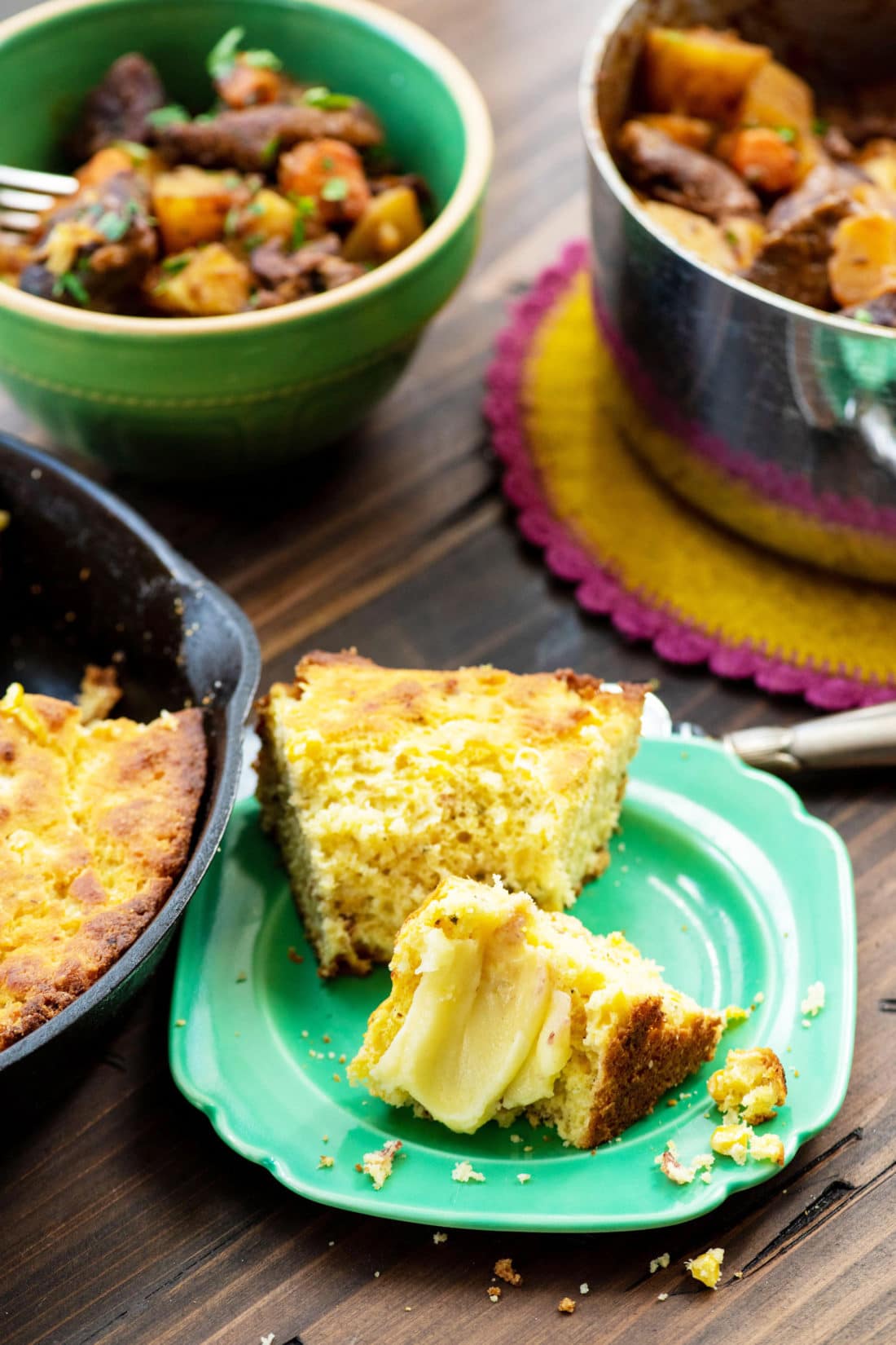 Cornbread with Apple Cider Beef Stew in the background