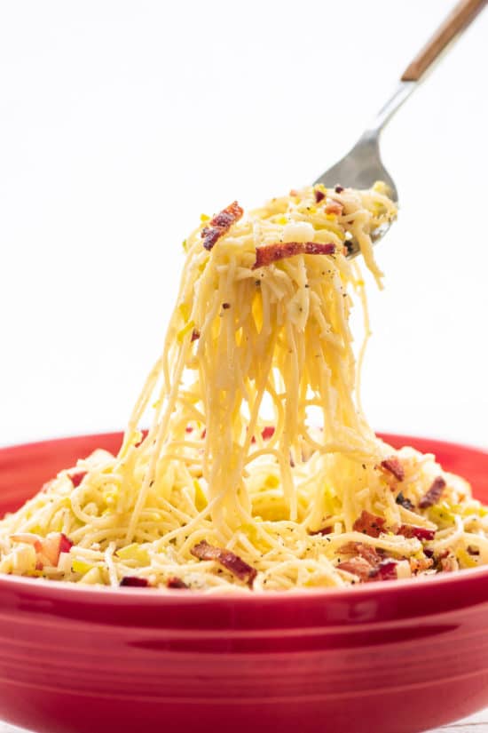 Pasta with Fennel, Bacon and Parmesan in red bowl
