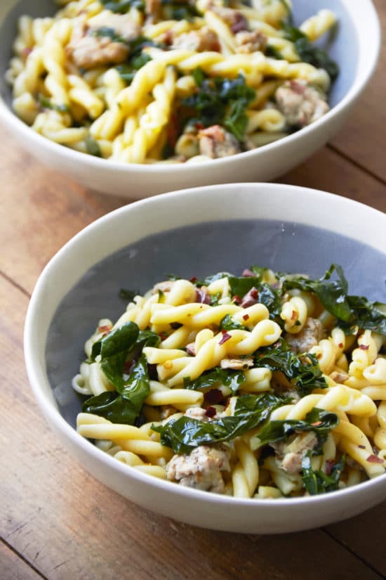 5-Ingredient Pasta: Campanelle with Chicken Sausage, Kale and Olives / Mia / Katie Workman / themom100.com