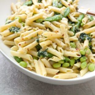 Pasta with Ramps, Edamame, and Sugar Snap Peas in a Light Parmesan Cream Sauce / Photo by Kerri Brewer / Katie Workman / themom100.com