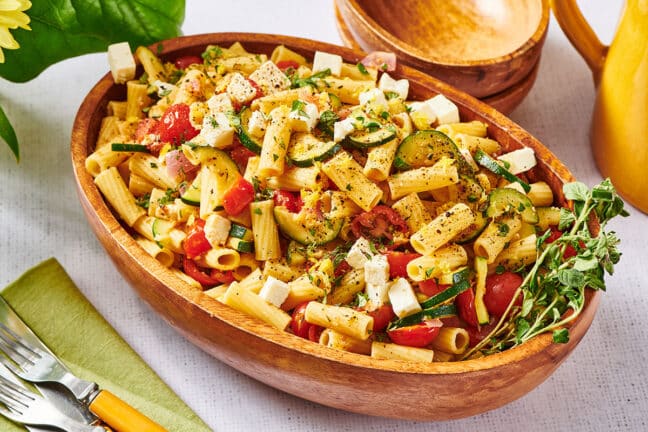 Vegetarian Greek pasta salad in bowl