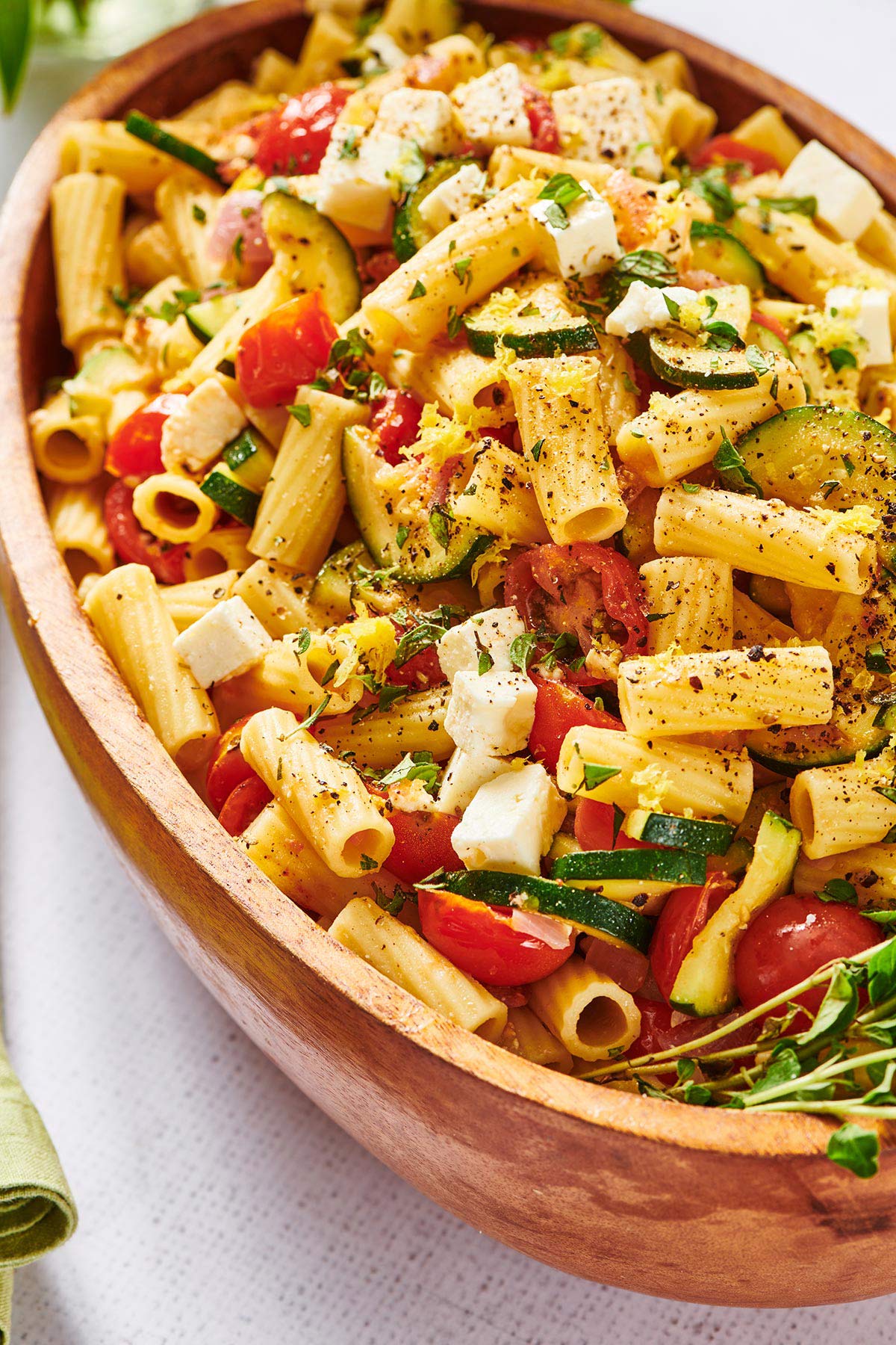 Vegetarian Greek Pasta in brown serving platter.