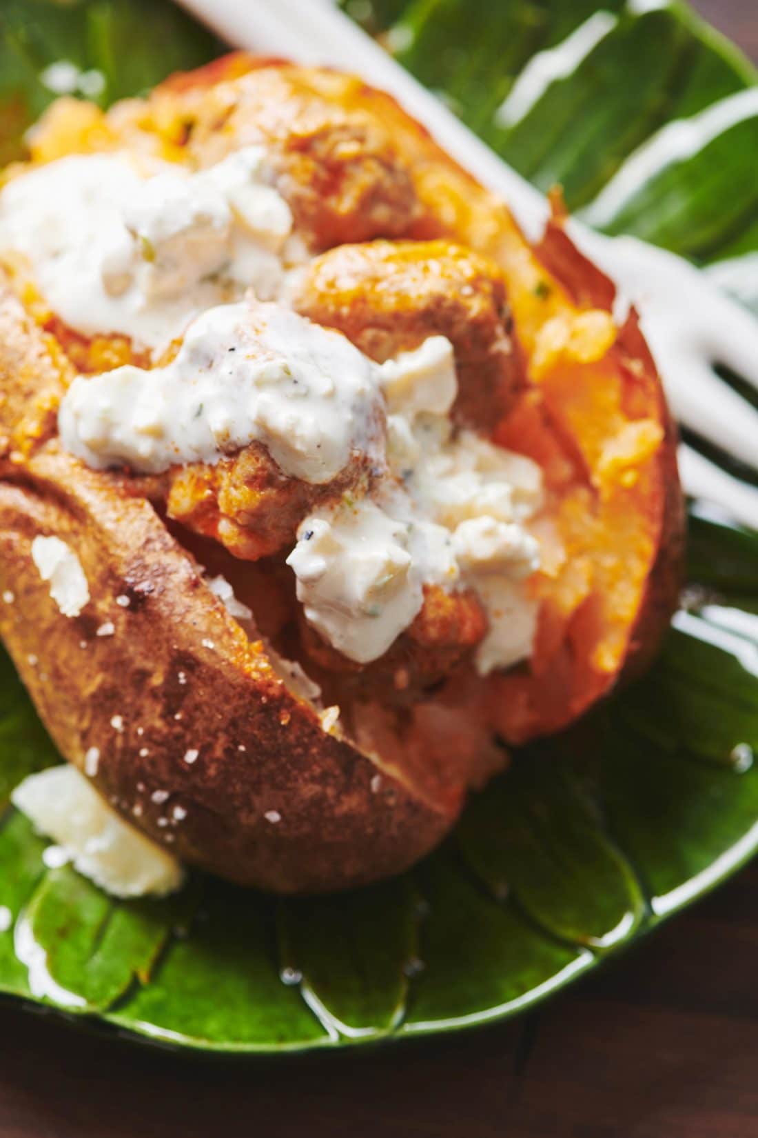 Buffalo Chicken Meatball Baked Potato