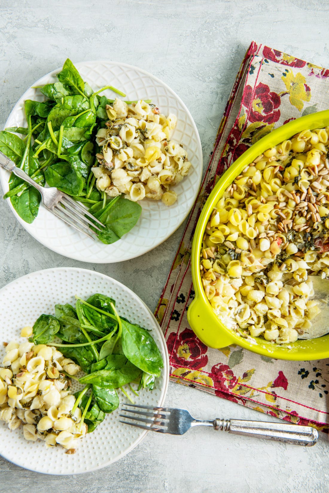 Spinach Goat Cheese Baked Pasta with Sunflower Seeds / Katie Workman / themom100.com / Photo by Cheyenne Cohen