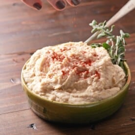 Sprinkling paprika on Cannellini Bean Dip with Lemon and Parmesan in small bowl.