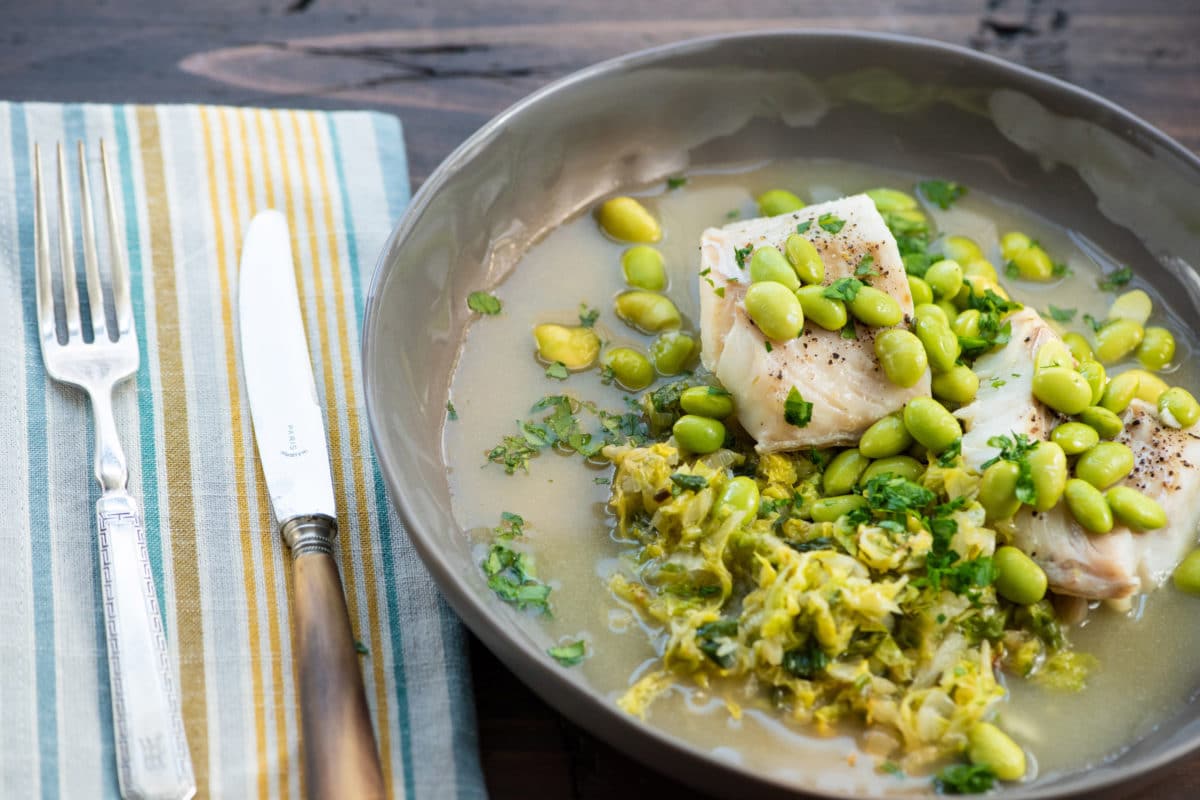 Plate of Cod, Cabbage and Edamame.