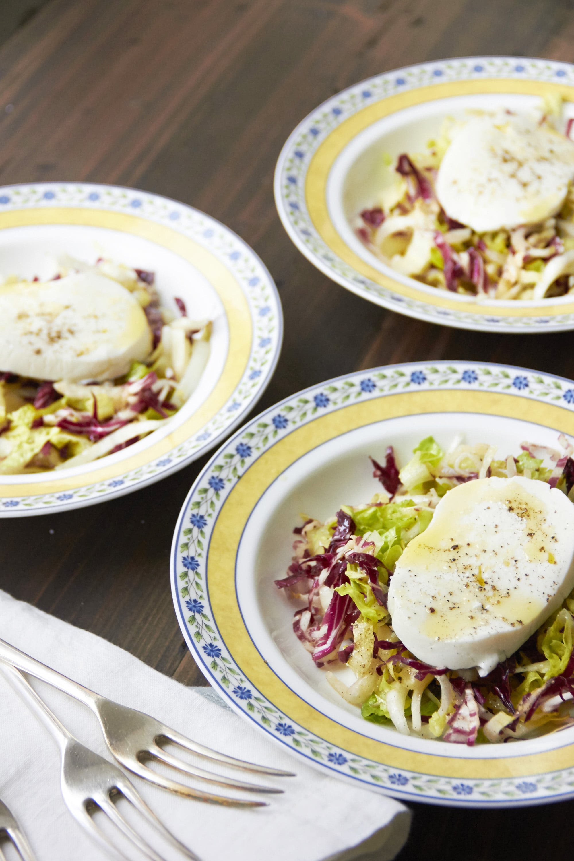 Endive and Radicchio Salad with Fresh Mozzarella on colorful plates.