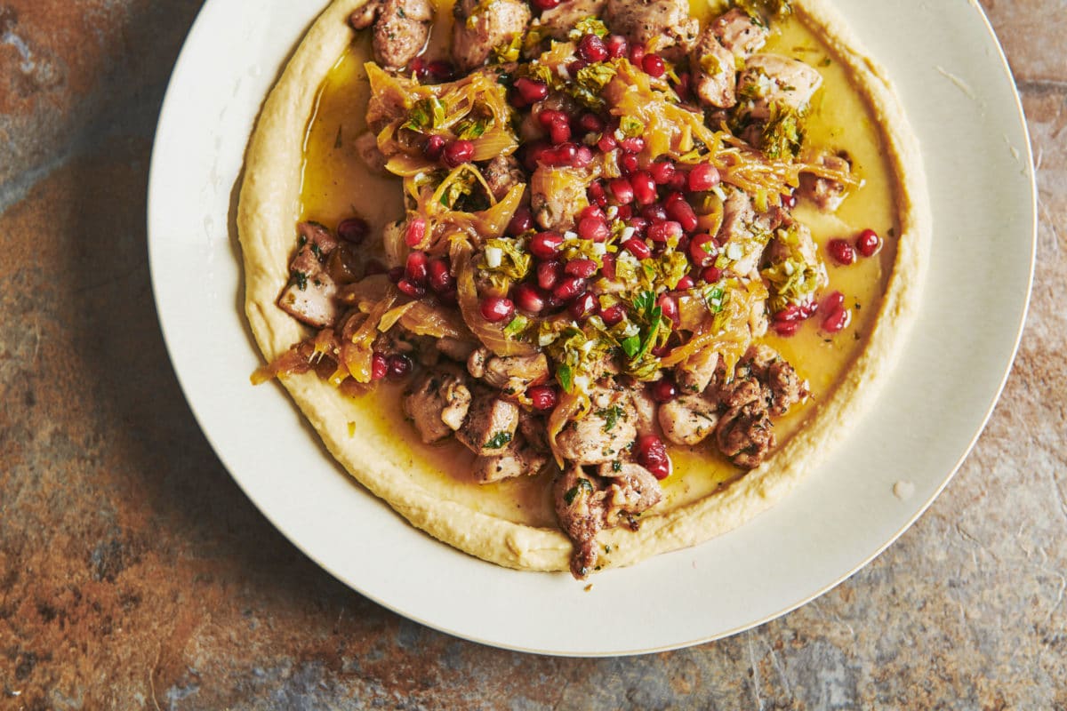 Chicken Kawarma with Lemon Sauce over Hummus