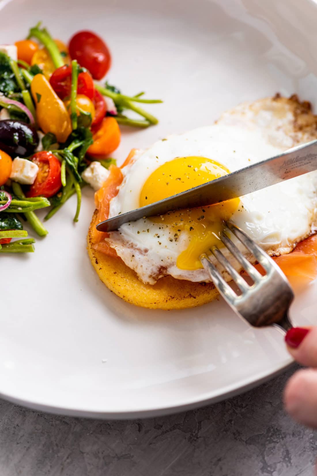 Fried Eggs and Smoked Salmon over Polenta Cakes