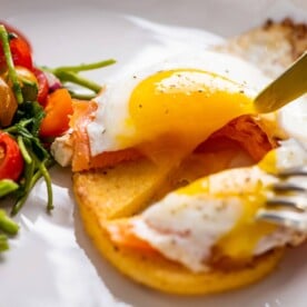 Fried Eggs and Smoked Salmon over Polenta Cakes