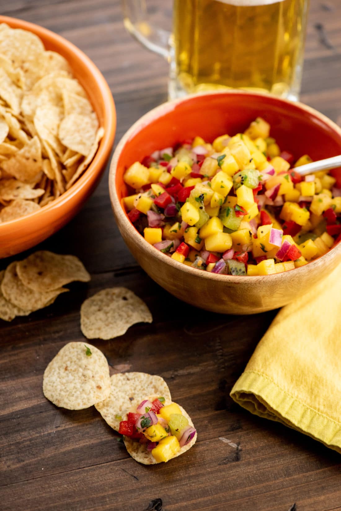 Bowls of chips and Tropical Fruit Salsa.