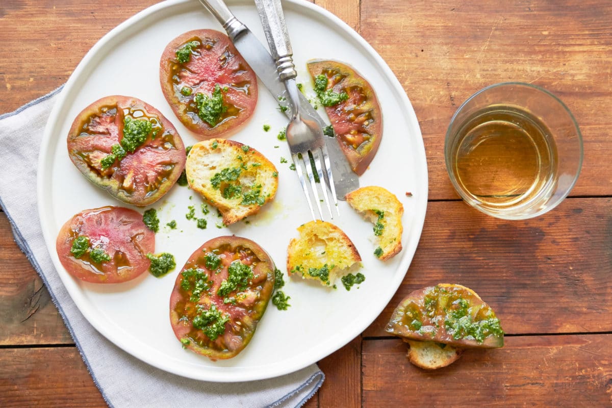 Tomatoes with Mint Basil Pesto / Photo by Mia / Katie Workman / themom100.com