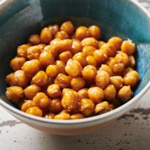 Blue bowl of Roasted Chickpeas.