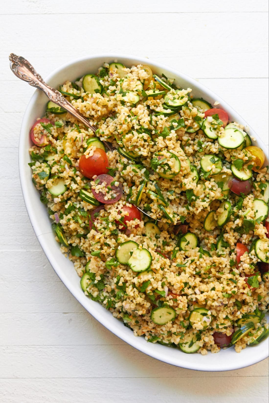 Tomato, Zucchini and Bulgur Salad in serving dish.