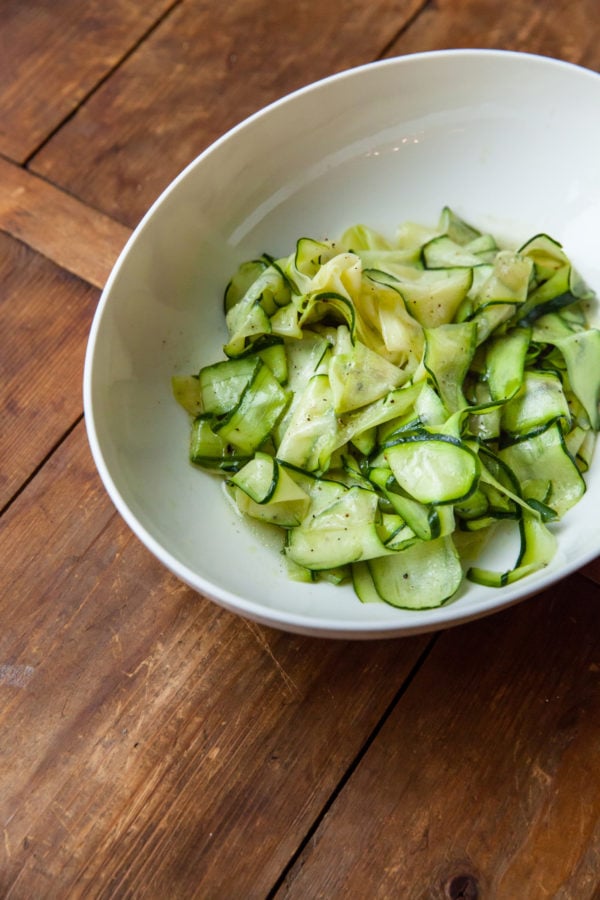 Thin slices of zucchini forming a Zucchini Ribbon Salad.