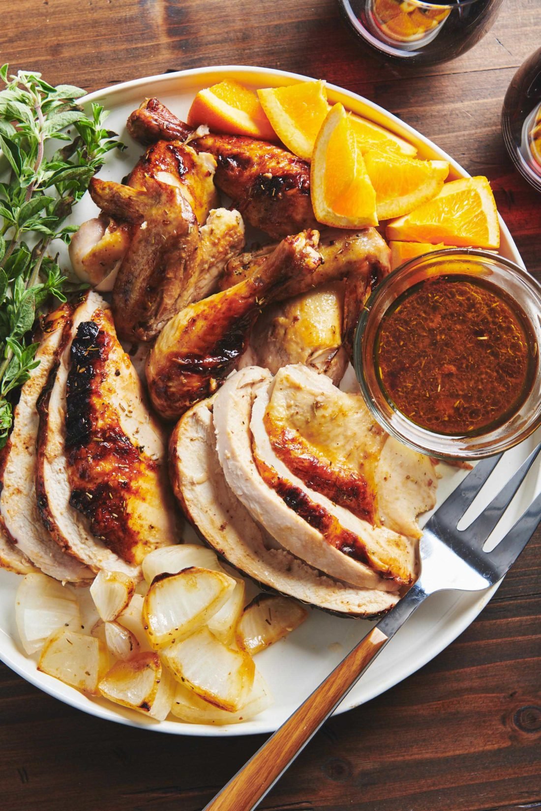 Plate of Roasted Chicken with Orange Honey Mustard Glaze.