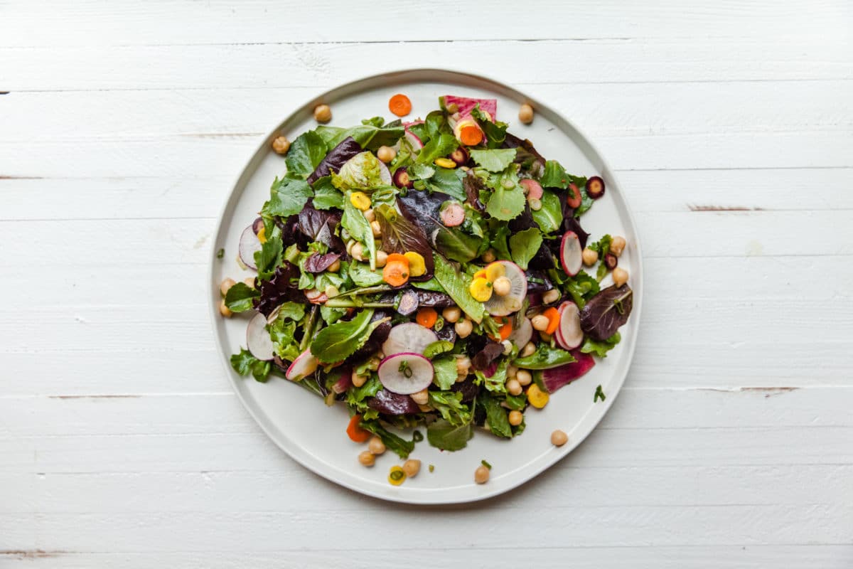 Baby Romaine, Chickpea, and Root Vegetable Salad with Slightly Spicy Dressing / Carrie Crow / Katie Workman / themom100.com