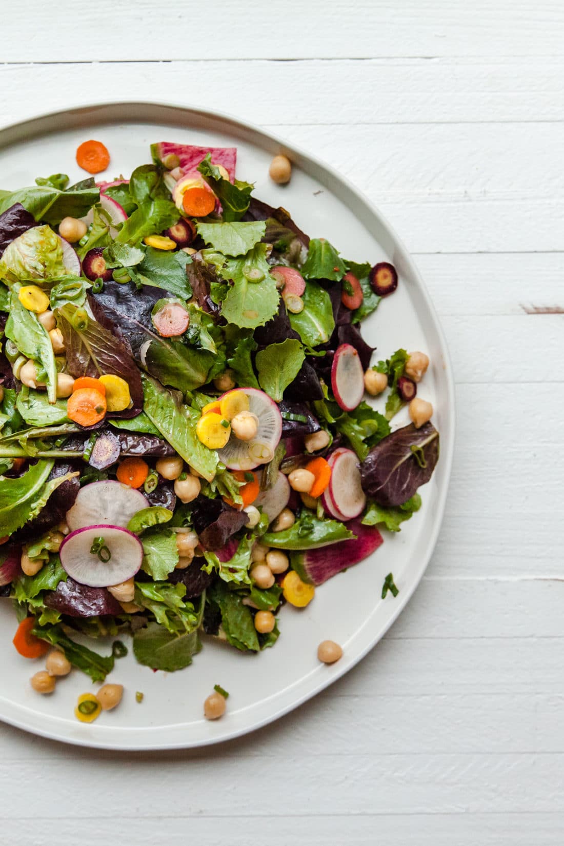 Baby Romaine, Chickpea, and Root Vegetable Salad with Slightly Spicy Dressing / Carrie Crow / Katie Workman / themom100.com