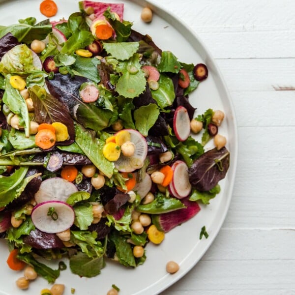 Baby Romaine, Chickpea, and Root Vegetable Salad with Slightly Spicy Dressing / Carrie Crow / Katie Workman / themom100.com