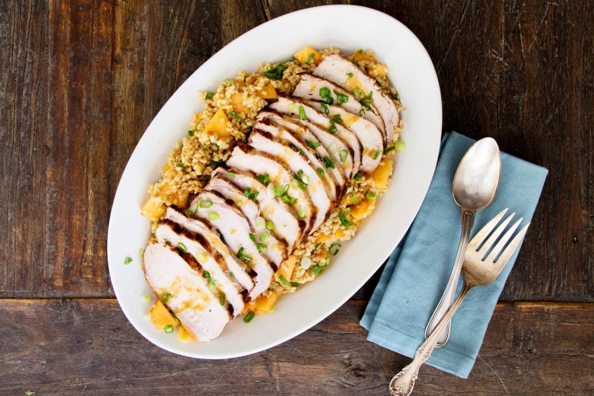 Grilled Pork Loin on a bed of Brown Rice Salad.