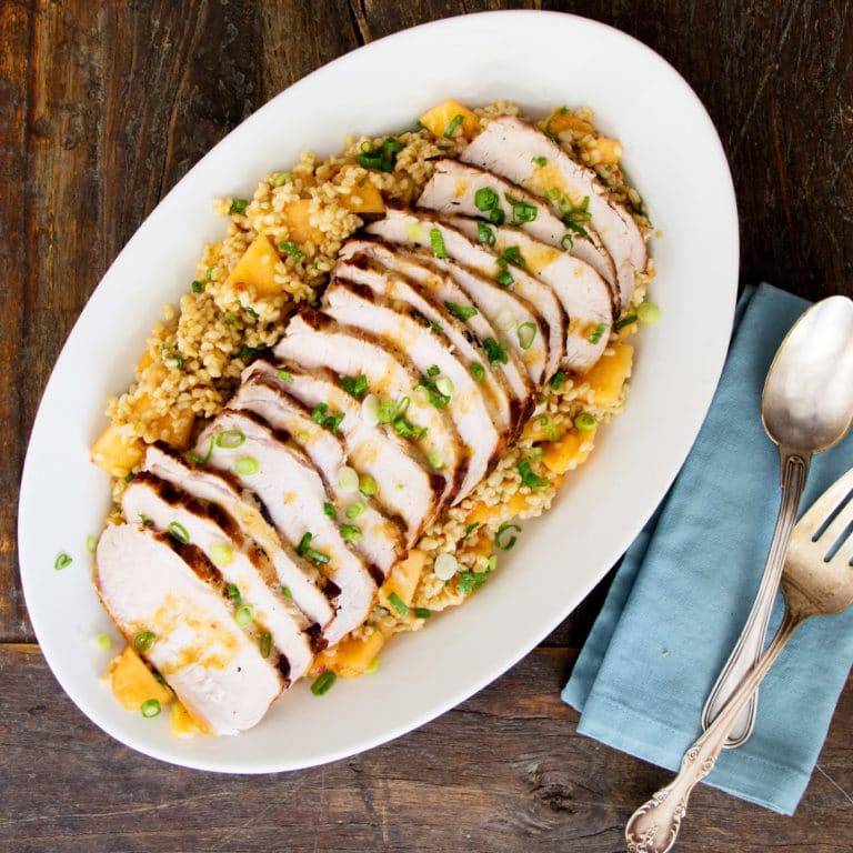 Grilled Pork Loin with Brown Rice Salad / Photo by Mandy Maxwell / Katie Workman / themom100.com
