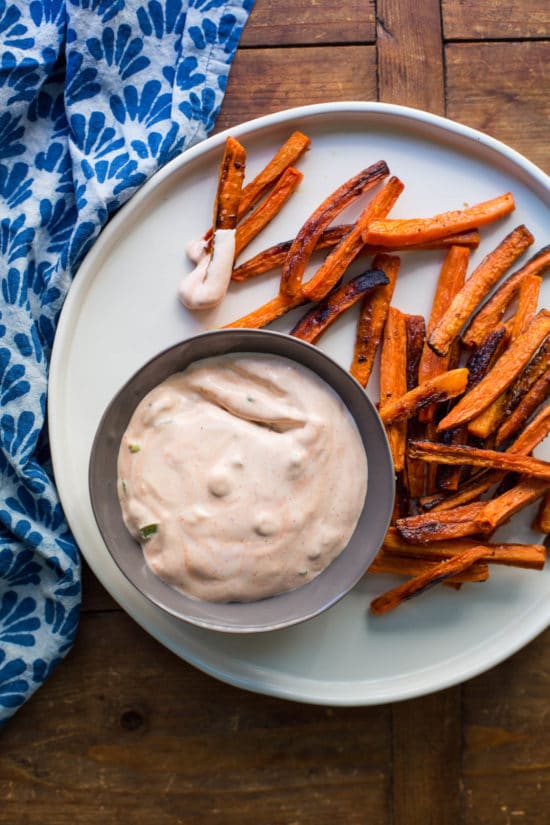 Carrot Fries with Sriracha Mayo