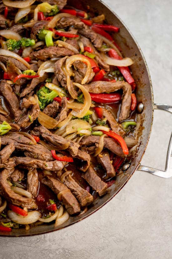Spicy Stir Fried Beef and Vegetables in a wok.