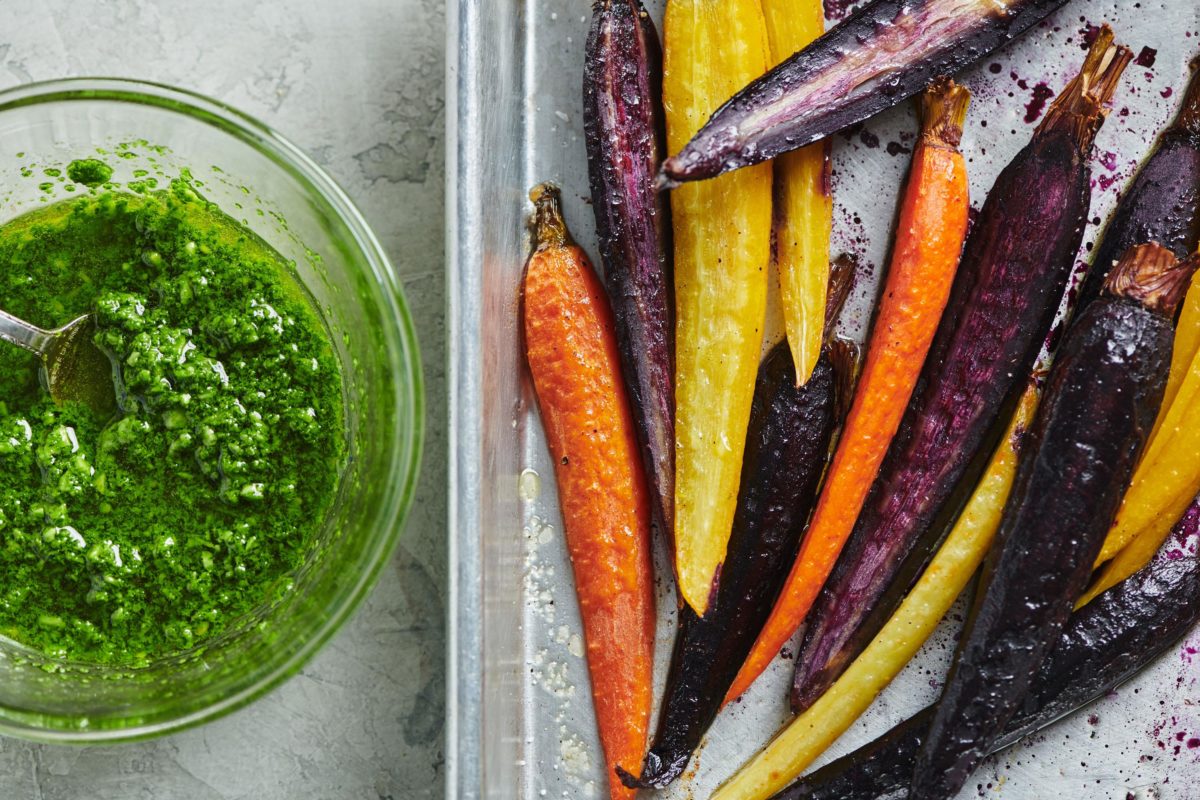 Roasted Carrots with Spinach Parsley Pesto