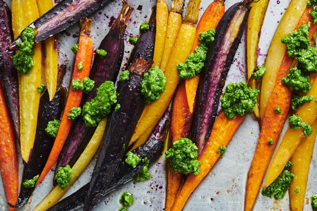 Roasted Carrots with Spinach Parley Pesto