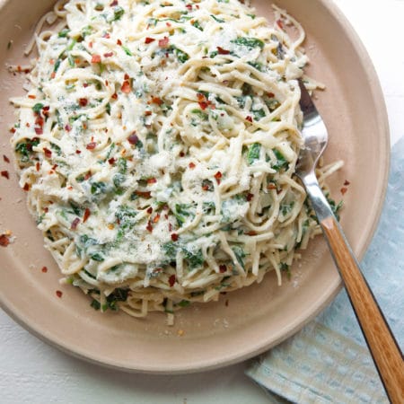 Creamy Goat Cheese and Spinach Linguine / Photo by Kerri Brewer / Katie Workman / themom100.com