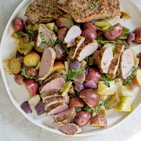 Mediterranean Pork Tenderloin with Roasted Vegetables / Photo by Mandy Maxwell / Katie Workman / themom100.com