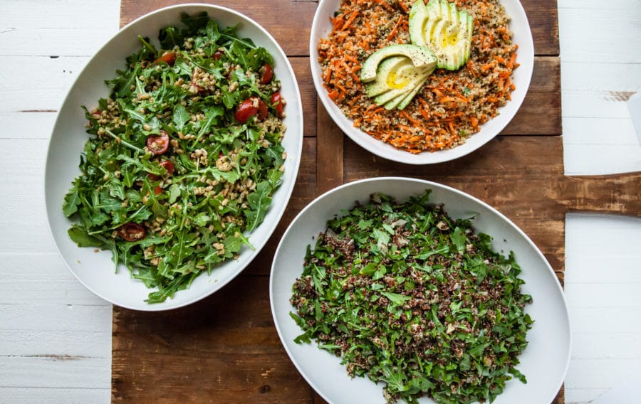 Red Quinoa Salad, Sesame Honey Quinoa, Farro and Arugula Salad Group Shot / Carrie Crow / Katie Workman / themom100.com