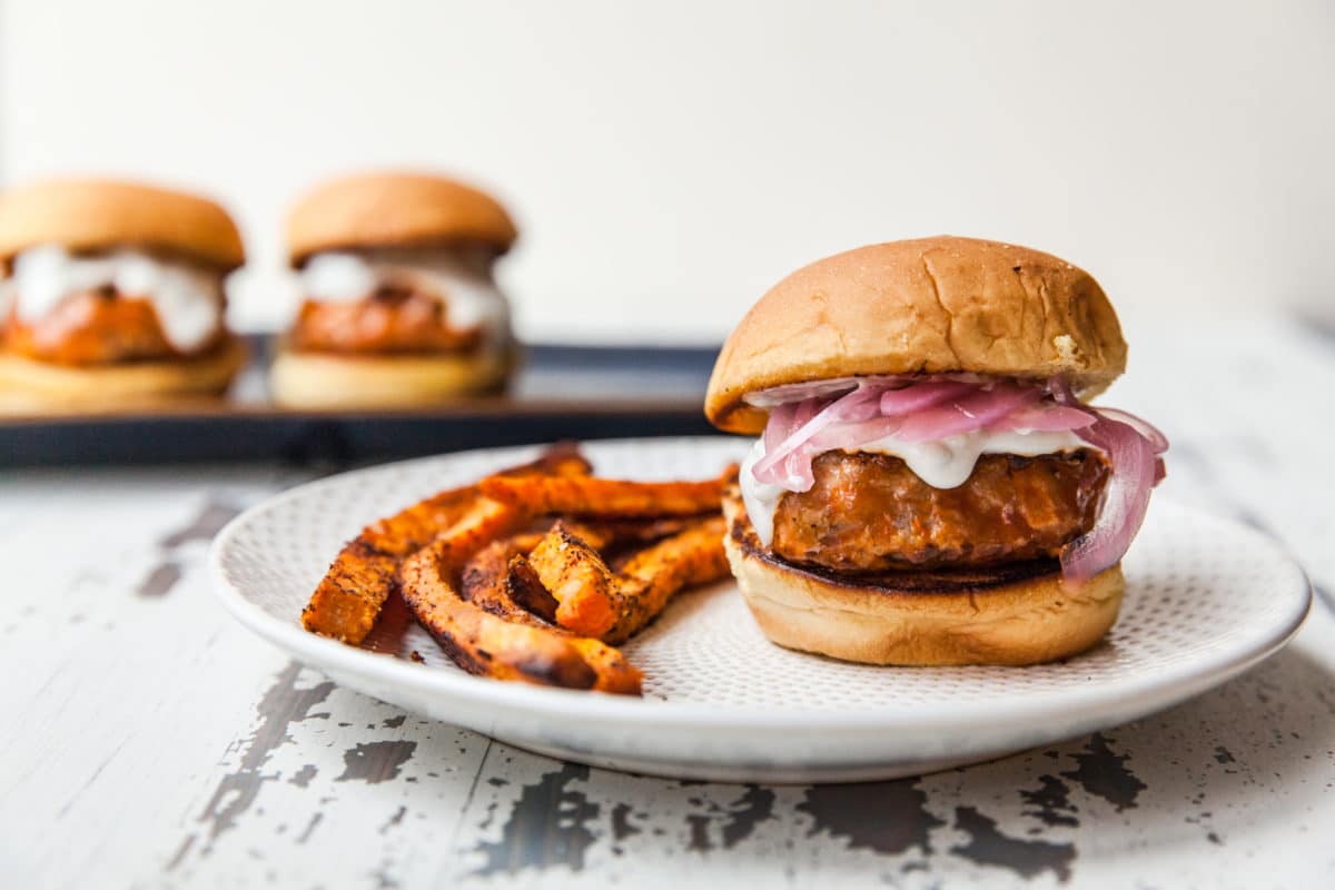 Buffalo Turkey Burger Sliders / Carrie Crow / Katie Workman / themom100.com