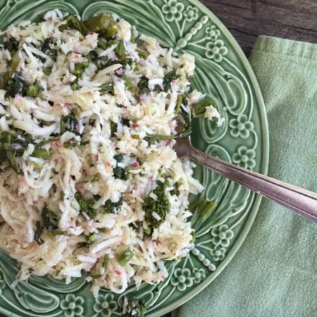 Kohlrabi, Green Cabbage, and Broccoli Rabe Slaw from Katie Workman/ themom100.com