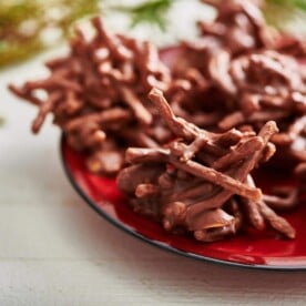 No-Bake Haystack Cookies on a red plate.
