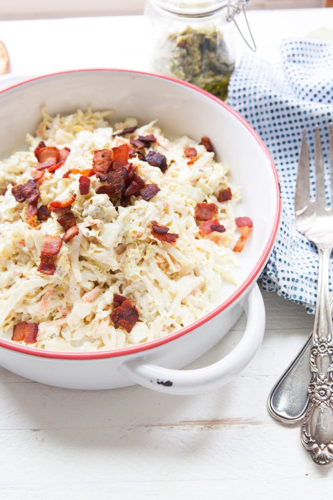 Creamy Blue Cheese and Bacon Coleslaw in a bowl.