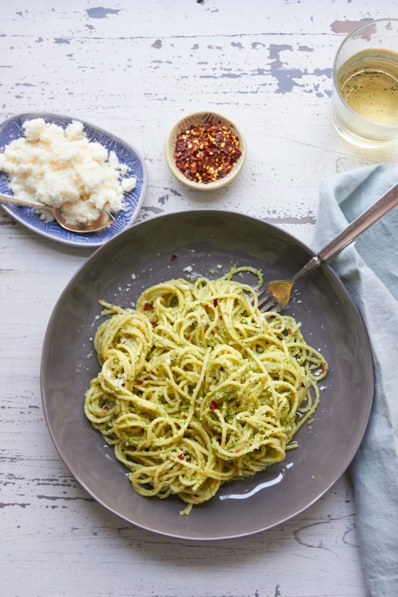 Fork on a plate of Pasta with Edamame, Mint and Basil Pesto.