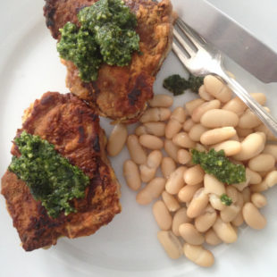 Crusted Loin Lamb Chops with Mint Basil Pesto from Katie Workman/themom100.com