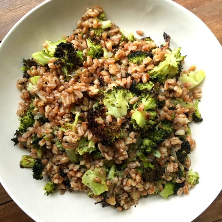 Farro with Grilled Broccoli and Sweet Onions on a plate.