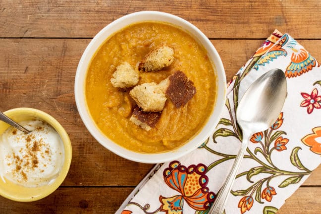 Spicy Roasted Root Vegetable Soup with Parmesan Croutons / Photo by Cheyenne Cohen / Katie Workman / themom100.com
