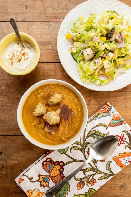 Spicy Roasted Root Vegetable Soup with Parmesan Croutons / Photo by Cheyenne Cohen / Katie Workman / themom100.com