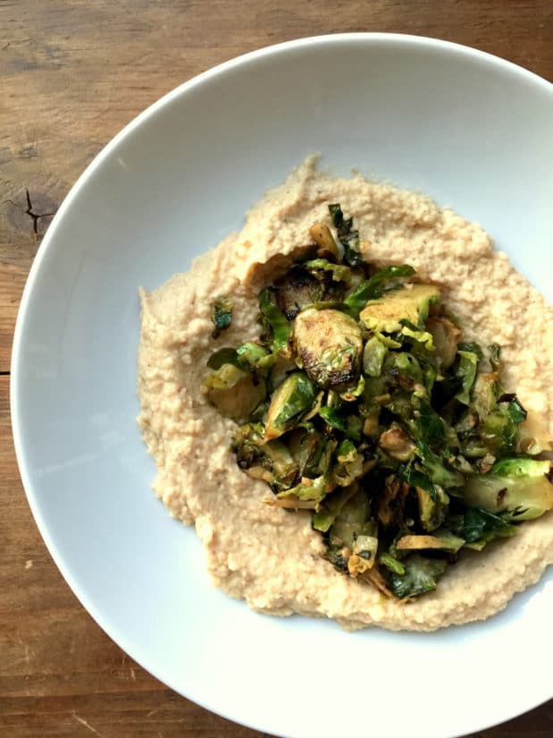 Roasted Cauliflower and White Bean Spread with Sautéed Brussels Sprouts from Katie Workman/ themom100.com