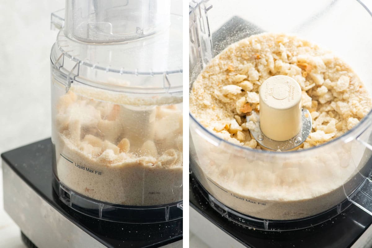 Chopping bread into bread crumbs with food processor.