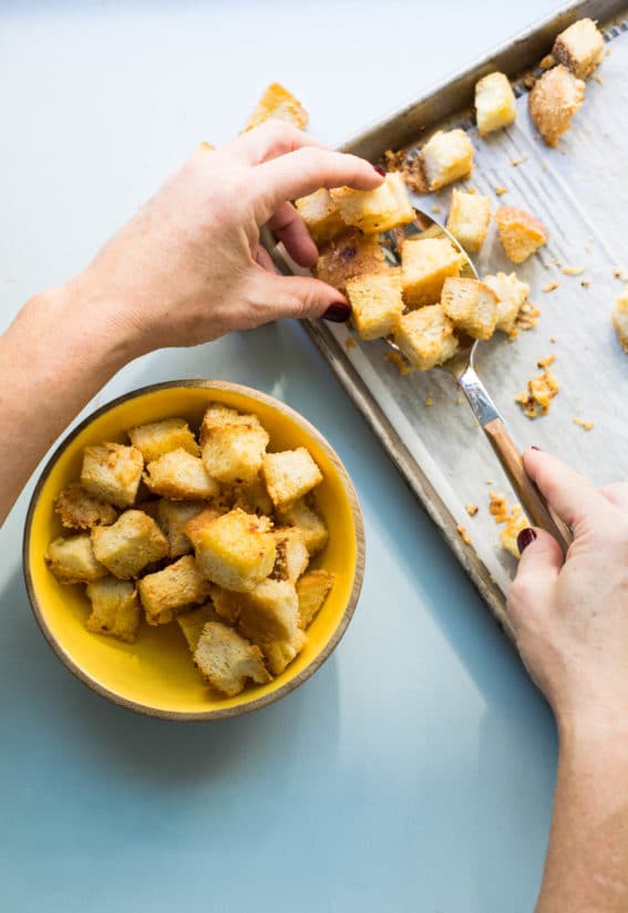 Transferring Parmesan Croutons from sheetpan into a bowl