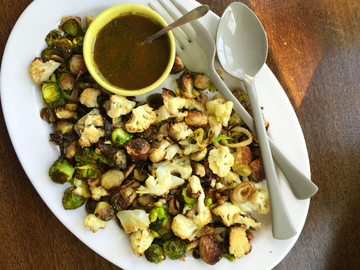 Roasted Cauliflower, Brussels Sprouts and Leeks with Spicy Drizzle from Katie Workman / themom100.com