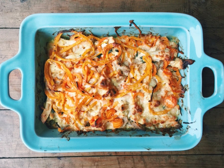 Spiralized Cheesy Butternut Squash and Carrot Casserole with Chicken / Katie Workman themom100.com